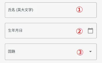 氏名・生年月日・国籍を⼊⼒する